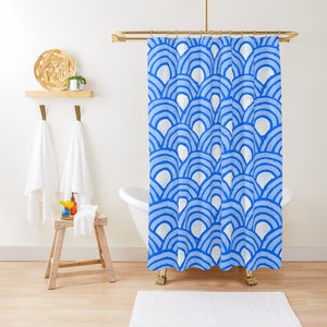 Blue Shower Curtain, Boho Curtain, Patterns Decor, Blue Shapes, Art Deco, Eco-Friendly Polyester, Eco Decor, Waterproof, With Hooks Included