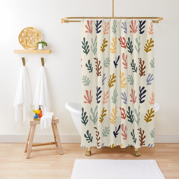 Rideau de douche Boho motifs abstraits Mid-Century Cactus Rideau de douche tendance, respectueux de l'environnement, imperméable, décor abstrait abstrait avec crochets inclus