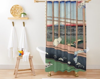 Cat Shower Curtain, Japanese Art Cat, Japanese Bathroom Decor, Cat Lover Gift, Unique Shower Curtain, Eco-Friendly Material, With Hooks