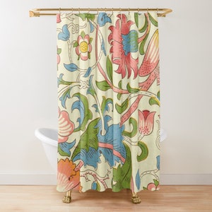 May include: A shower curtain featuring a vintage floral pattern with pink, blue, green, and yellow flowers on a cream background.