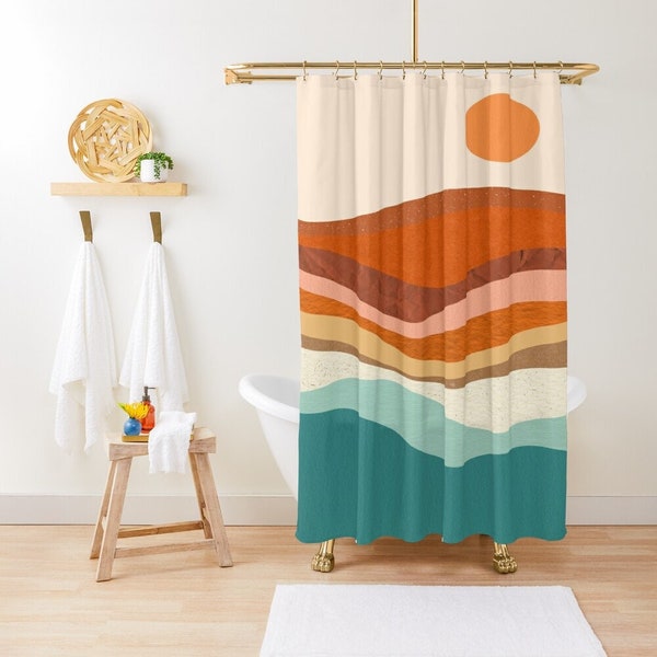 Shower Curtain Boho Mid-Century Sunset Abstract PatternsTrendy Shower Curtain Eco-Friendly Waterproof Abstract Decor With Hooks Included