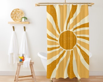 70s Sun Shower Curtain, Boho Mid-Century Vintage Sun, Shower Curtain Eco-Friendly, Waterproof, Abstract Decor, With Hooks Included