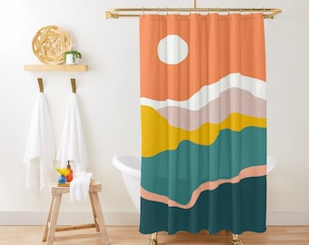 Boho Sunset Shower Curtain, Boho Mid-Century Vintage Sun, Shower Curtain Eco-Friendly, Waterproof, Abstract Decor, With Hooks Included