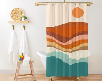 Shower Curtain Boho Mid-Century Sunset Abstract PatternsTrendy Shower Curtain Eco-Friendly Waterproof Abstract Decor With Hooks Included