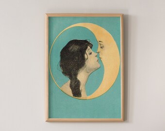 Art Deco Moon Kiss Giclee Print, Vintage Woman Canvas Art