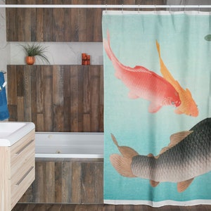 Japanese Shower Curtain Fishes Eco-Friendly Waterproof Bath Curtain Japanese Fishes Vintage Design With Hooks Included