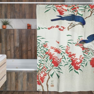 Zasłona prysznicowa Blue Birds Ekologiczna wodoodporna Ohara Koson Japońska zasłona łazienkowa Blue Birds Wysokiej jakości materiał Haczyki w zestawie