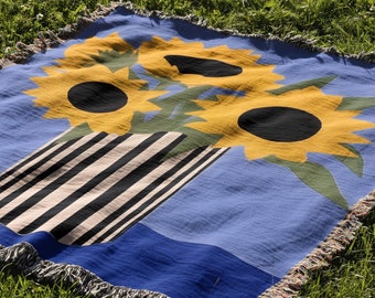 Sunflower Cotton Woven Throw Blanket – Boho Floral Home Decor