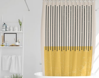 Rideau de douche abstrait Boho Mid-Century vintage Lignes jaunes Rideau de douche Respectueux de l’environnement Décor abstrait imperméable avec crochets inclus