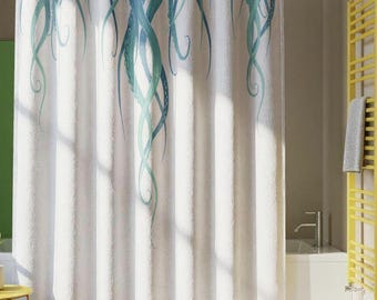 Teal Octopus Tentacle Shower Curtain – Coastal Recycled Polyester Bathroom Decor