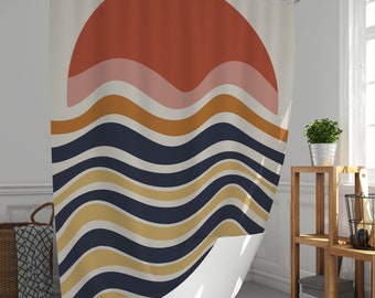 Abstract Sun & Waves Shower Curtain, Boho Mid-Century Decor