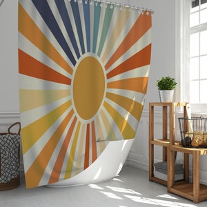 70s Sun Shower Curtain, Boho Mid-Century Vintage Sun, Shower Curtain Eco-Friendly, Waterproof, Abstract Decor, With Hooks Included