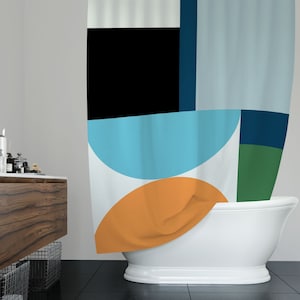 Abstract Mid-Century Shower Curtain, Retro Shapes Vintage Design Curtain, Eco-Friendly, Waterproof, Abstract Decor, With Hooks Included