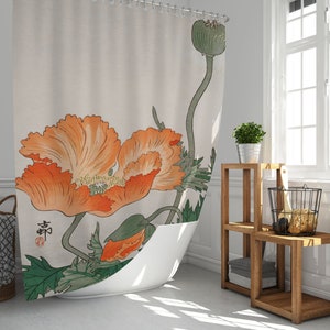 Japanese Shower Curtain, Ohara Koson Art Flower, Decor Shower Curtain, Vintage Bathroom Decor, Perfect Gift, Hooks Included