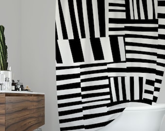 Abstract Black and White Lines Shower Curtain, Modern Minimalist Decor