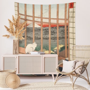 Vintage Japanese Ukiyo-e Tapestry: Cat in Window by Hiroshige Wall Art Home Decor Tapestry Traditional Japanese Gift for Art or Cat Lovers