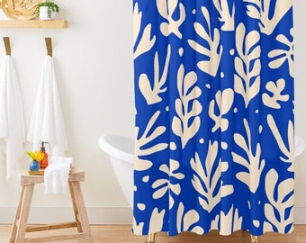 Rideau de douche bleu Boho motifs abstraits Mid-Century Rideau de douche Matisse, décor abstrait imperméable, respectueux de l'environnement, avec crochets inclus