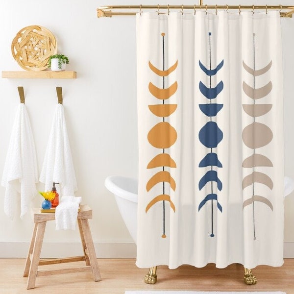 Mid Century Modern Shower Curtain, Geometric Bath Decor, Home Decor, Abstract Shapes, Minimalist Mid-Century Curtain, With Hooks Included