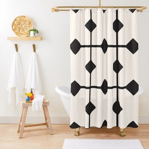 Minimalist Shower Curtain, Geometric Bath Decor, Black and White, Abstract Shapes, Minimalist Mid-Century Curtain, With Hooks Included