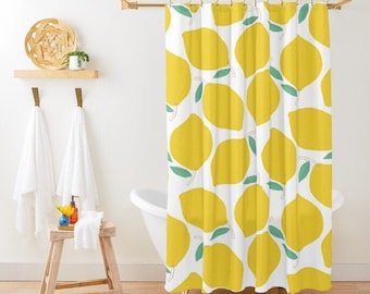 Lemon Shower Curtain Boho, Fruits Curtain, Eco-Friendly, Waterproof, Summer Shower Curtain, Lemon Decor, With Hooks Included