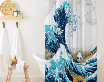 The Great Wave Shower Curtain Vintage Eco-Friendly Waterproof Japanese Decor Great Wave of Kanagawa Recycled Material Hooks Included