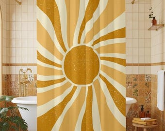 Retro 70s Shower Curtain Groovy Sunburst  Mustard Yellow Boho Bathroom