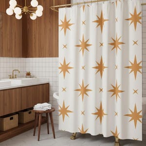 Mid Century Shower Curtain Gold Starburst Cream Color Geometric Bathroom Decor
