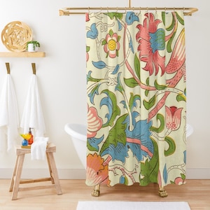 May include: A shower curtain featuring a vintage floral pattern with pink, blue, and green flowers on a cream background.
