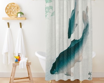 Japanese Fish Shower Curtain: Vintage Ohara Koson Design, Eco-Friendly
