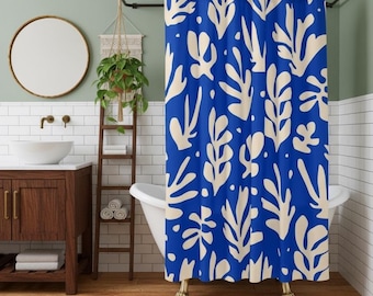 Matisse Shower Curtain | Blue Botanical Leaf Print | Bathroom Decor | Modern Abstract Art