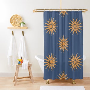 Blue Shower Curtain, Mid Century Modern Bath Decor, Home Decor, Sun Shapes, Minimalist Mid-Century Curtain, With Hooks Included