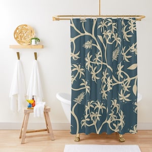 Shower Curtain Botanic Blue Boho Curtain Eco-Friendly Material Waterproof Extra Durable Boho Leaves Curtain Unique Decor Hooks Included