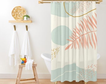 Può includere: Una tenda da doccia con sfondo crema e un design astratto in azzurro e rosa. Il design presenta foglie, linee ondulate e punti.