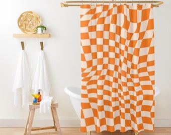 Rideau de douche Orange Squares, Rideau de douche abstrait moderne, Matériau écologique, Imperméable, Décor abstrait, Avec crochets inclus