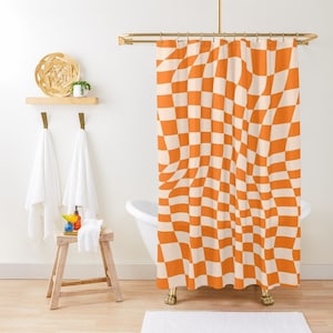 Orange Squares Shower Curtain, Modern Abstract Shower Curtain, Eco-Friendly Material, Waterproof, Abstract Decor, With Hooks Included