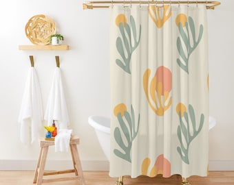 Boho Shower Curtain: Mid-Century Abstract Cactus Pattern