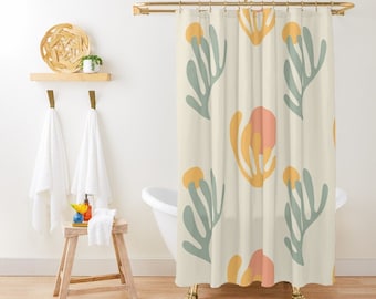 Shower Curtain Boho Mid-Century Abstract Patterns Cactus Trendy Shower Curtain Eco-Friendly Waterproof Abstract Decor With Hooks Included