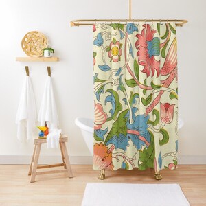 May include: A shower curtain featuring a vintage floral pattern with pink, blue, and green flowers on a cream background.