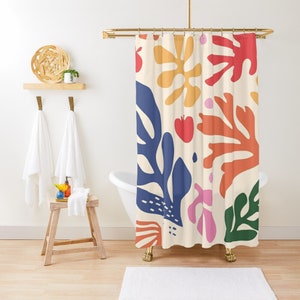 Shower Curtain Boho Mid-Century Abstract Plant Patterns Trendy Shower Curtain Eco-Friendly Waterproof Abstract Decor With Hooks Included image 3
