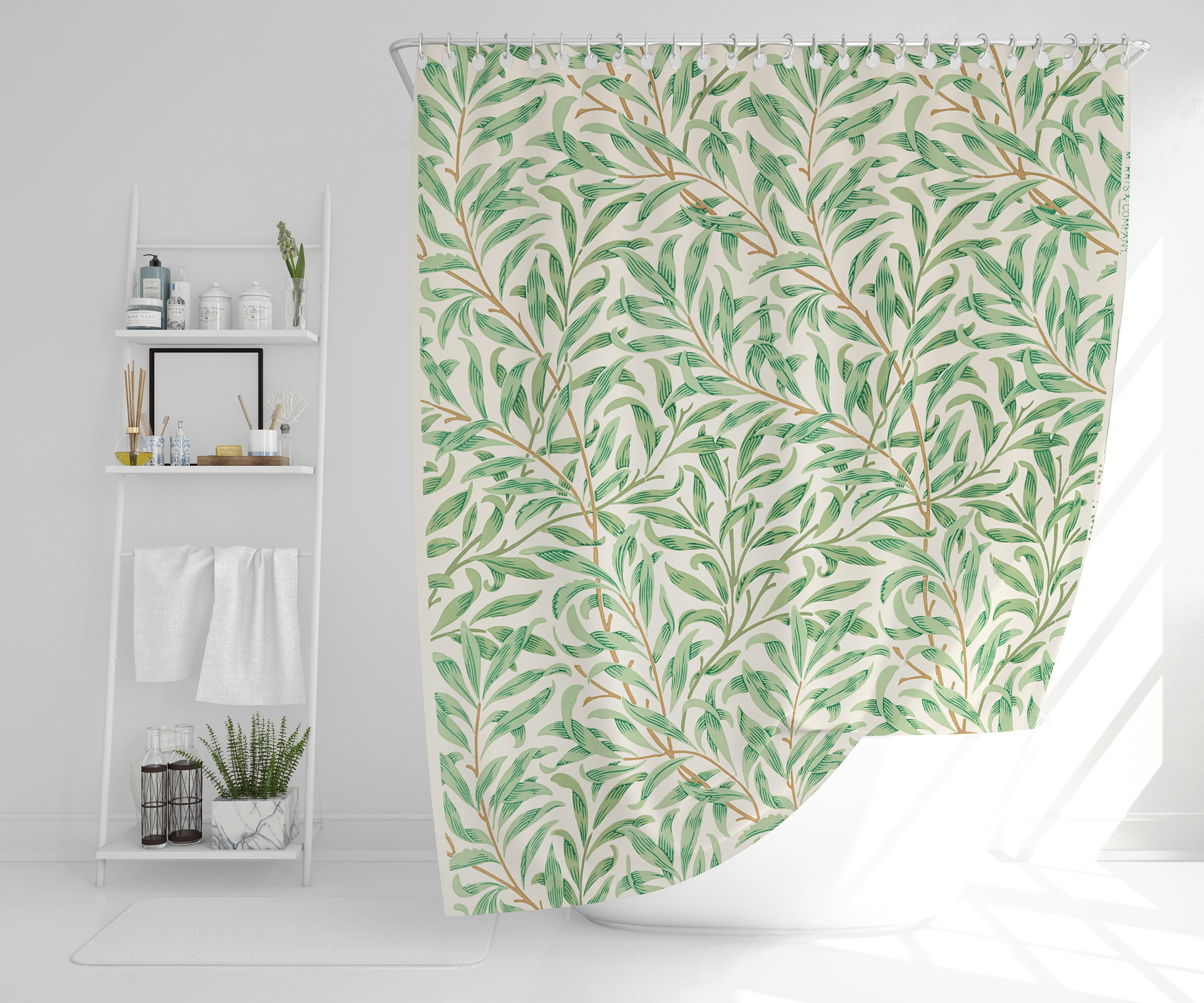 Cortina de ducha bohemia, cortina botánica, ecológica, impermeable, extra duradera, estilo art nouveau, hojas verdes, decoración tropical, ganchos incluidos