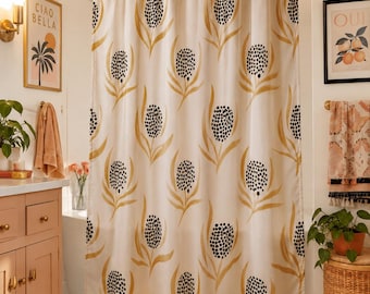 Mid-Century Modern Floral Shower Curtain Beige Black Gold Teardrop Botanical Bathroom Decor