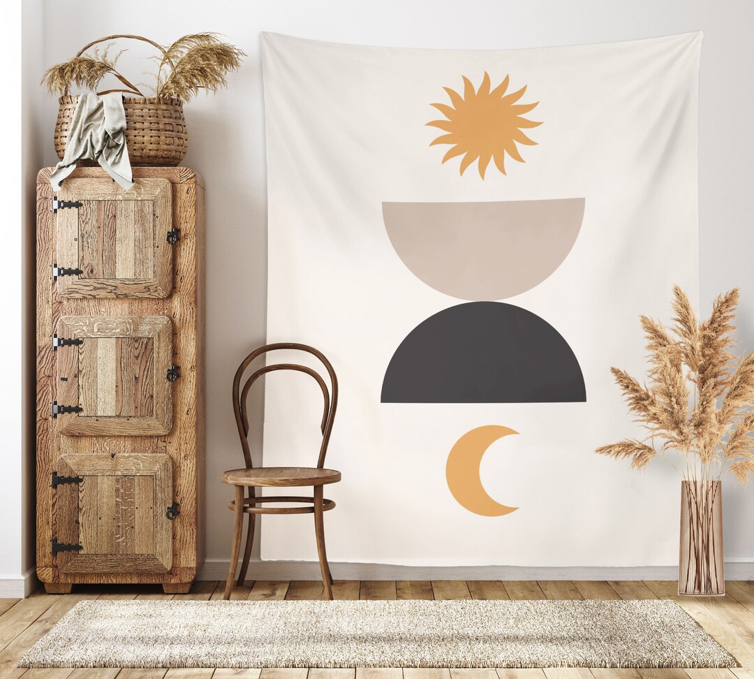 Midcentury Tapestry, Sun and Moon Modern Wall Hanging, Retro Wall Art