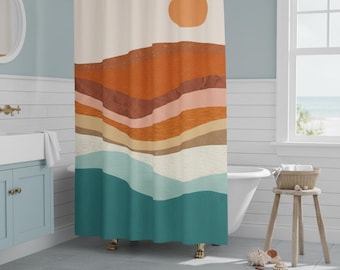 Boho Sunset Shower Curtain: Mid-Century Modern Abstract Decor