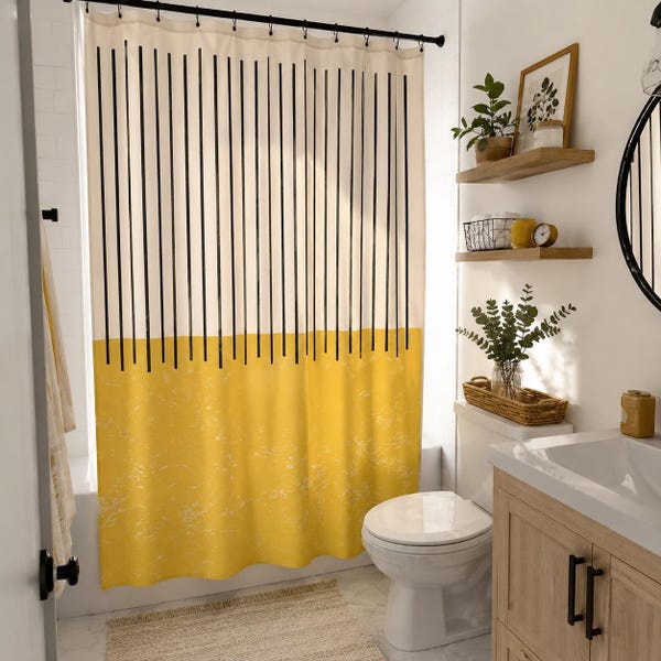 Cortina de chuveiro abstrata amarela, decoração moderna e minimalista para banheiro.