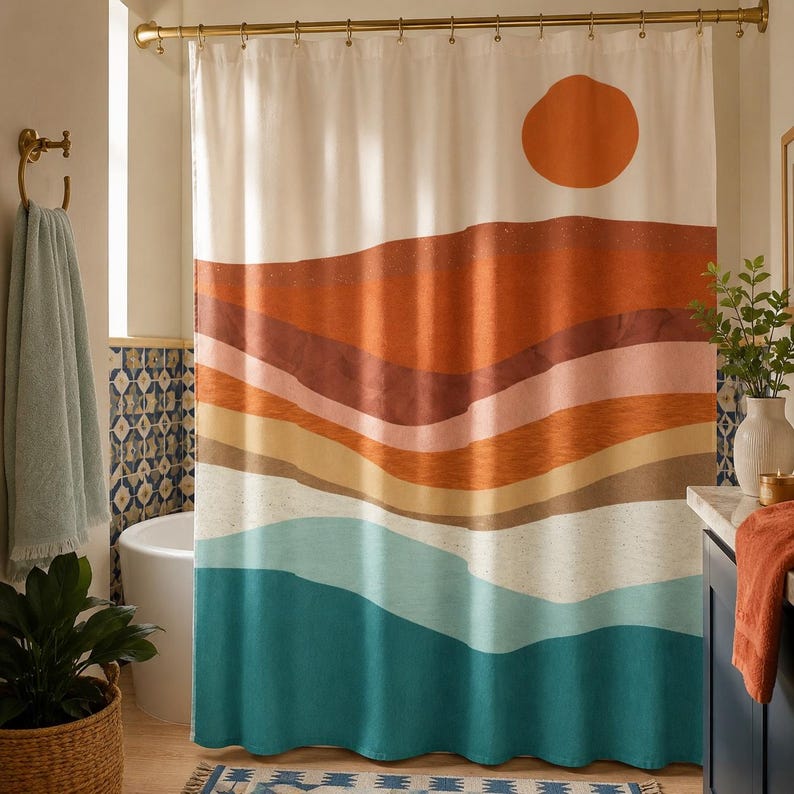 May include: A shower curtain featuring a landscape print with a large orange sun above layered horizontal bands of rust, terracotta, light pink, tan, cream, and teal colors. The curtain hangs from a gold rod with rings in a bathroom setting.