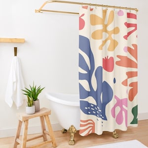 Shower Curtain Boho Mid-Century Abstract Plant Patterns Trendy Shower Curtain Eco-Friendly Waterproof Abstract Decor With Hooks Included image 2