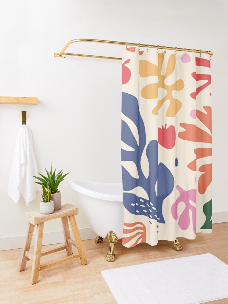 Shower Curtain Boho Mid-Century Abstract Plant Patterns Trendy Shower Curtain Eco-Friendly Waterproof Abstract Decor With Hooks Included image 2