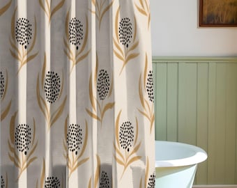 Mid-Century Modern Floral Shower Curtain Beige Black Gold Teardrop Botanical Bathroom Decor