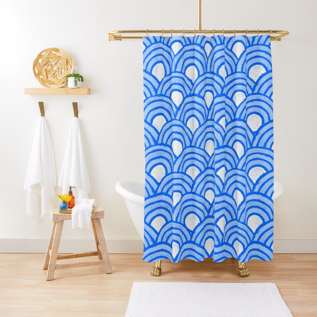 Blue Shower Curtain, Boho Curtain, Patterns Decor, Blue Shapes, Art