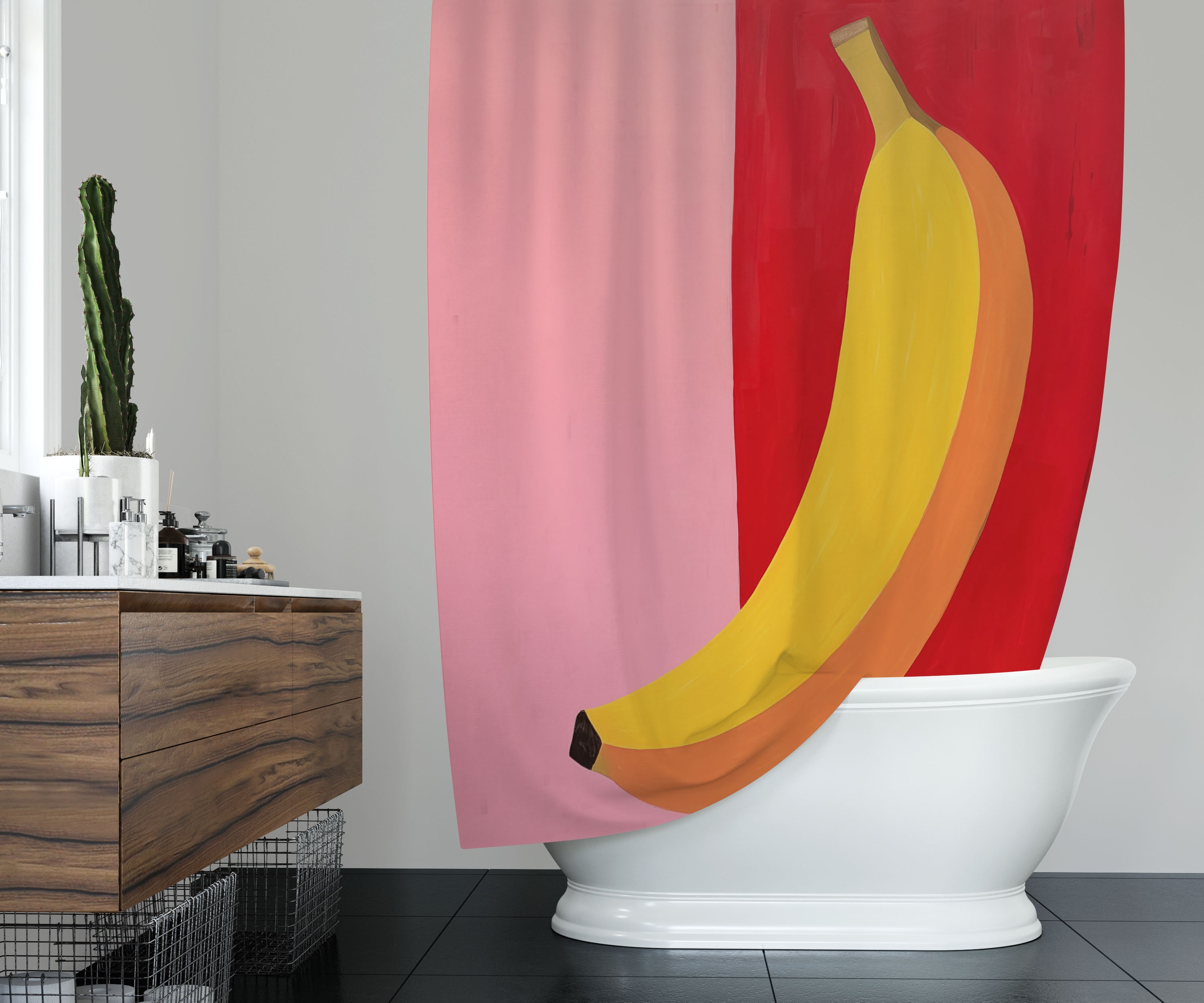 Colorful Banana Art Print Shower Curtain - Eclectic Botanical Bath Decor, High Quality Eco-Friendly Waterproof Fabric Tropical Decor